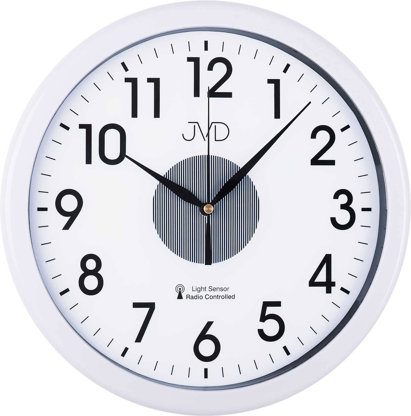 Reloj de pared radiocontrolado con sensor de luz, carcasa blanca y esfera negra