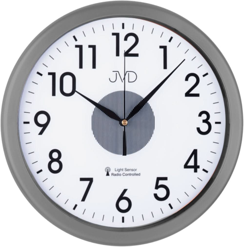 Reloj de pared de plástico con marco gris, esfera blanca y manecillas negras