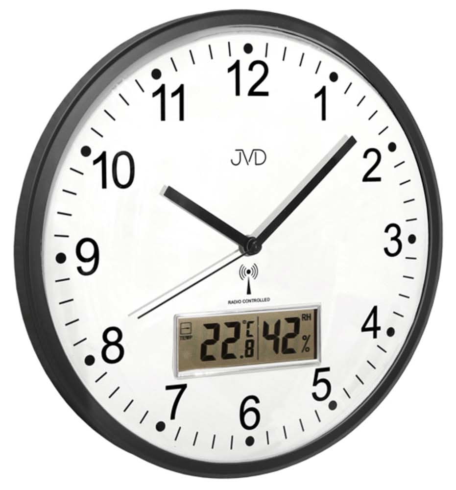 Reloj de pared radiocontrolado con marco de plástico negro, esfera analógica y pantalla digital
