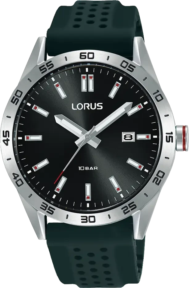 Reloj deportivo para hombre: esfera negra, caja de acero inoxidable, ventana de fecha, correa de silicona verde, 10 bar