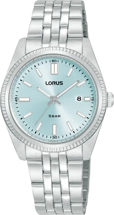 Pulsera de acero inoxidable para mujer con esfera azul, logo LORUS, cuarzo y fecha