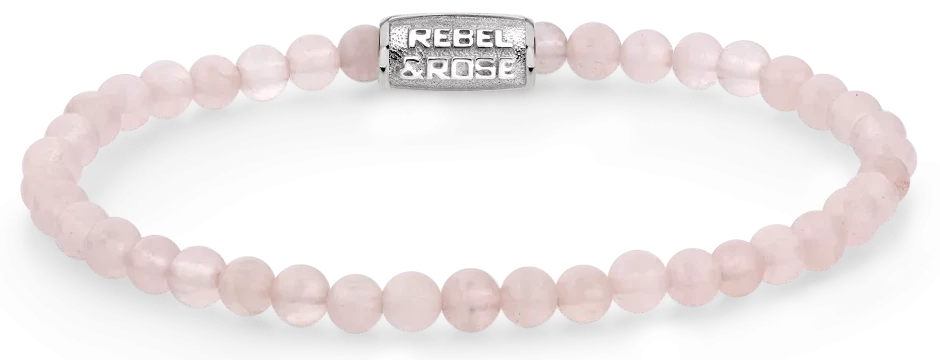 Pulsera de cuarzo rosa con perlas rosas y cierre de acero inoxidable, logo Rebel&Rose