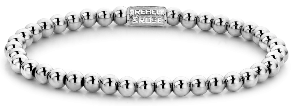 Pulsera plateada con cuentas redondas de hematita y cierre de acero inoxidable, etiqueta Rebel & Rose