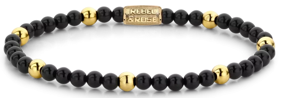 Pulsera con cuentas de piedra negra, detalles dorados y cierre de acero inoxidable