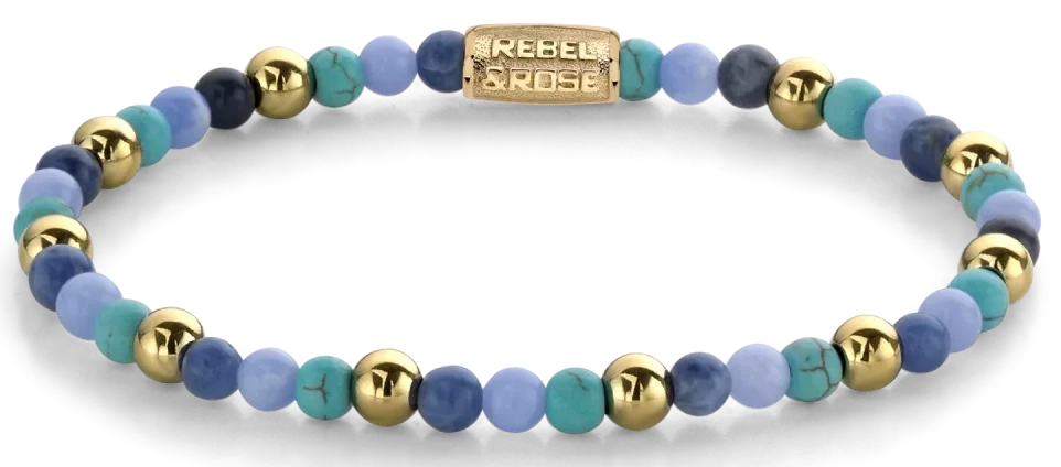 Pulsera con cuentas de piedras preciosas azules y cierre de acero inoxidable en tono dorado