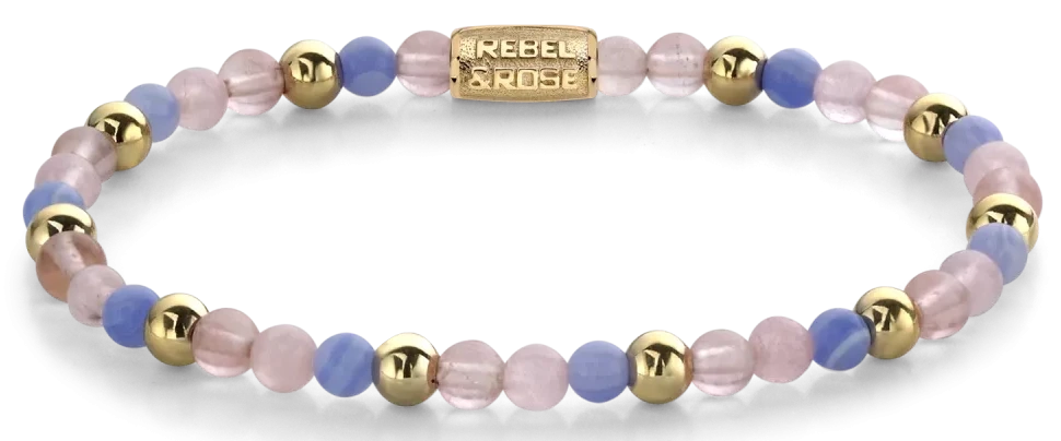 Pulsera con cuentas de piedras preciosas moradas, rosas y azules, y detalles de cuentas doradas