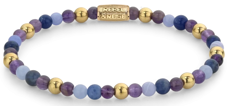 Pulsera de piedras preciosas con cuentas violetas y azules y elementos esféricos dorados