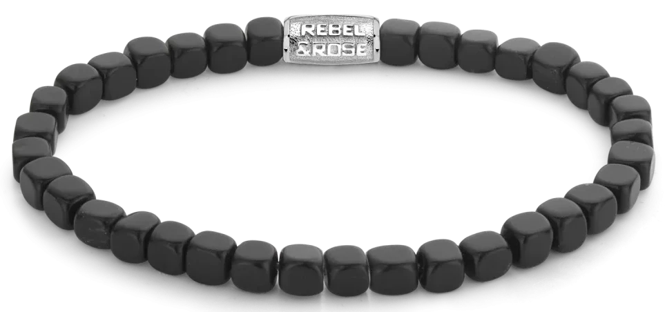 Pulsera con cuentas cúbicas de obsidiana negra y cierre de acero inoxidable plateado