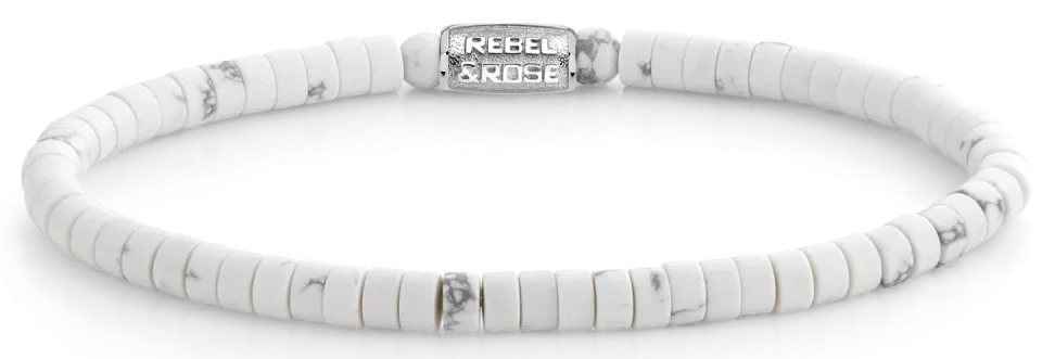 Pulsera blanca con perlas en forma de disco y cierre de acero inoxidable, Rebel&Rose