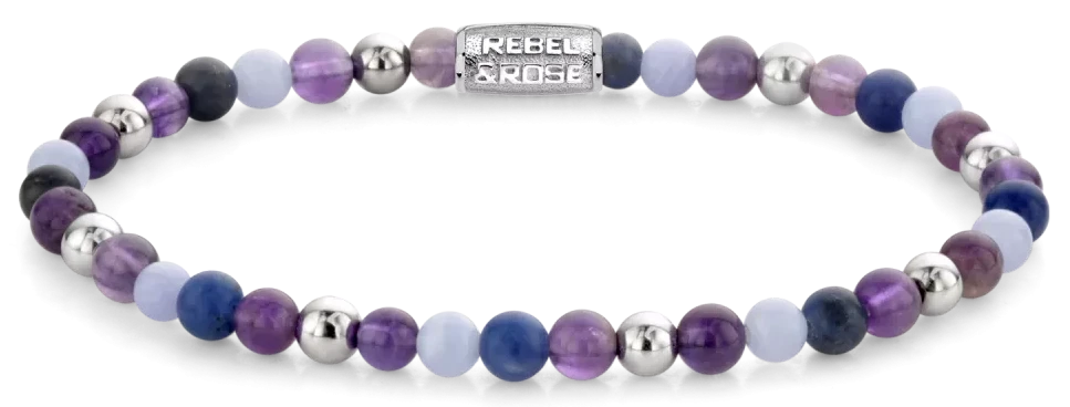 Pulsera con cuentas de piedras preciosas violetas y azules, bolas de plata y cierre de acero inoxidable