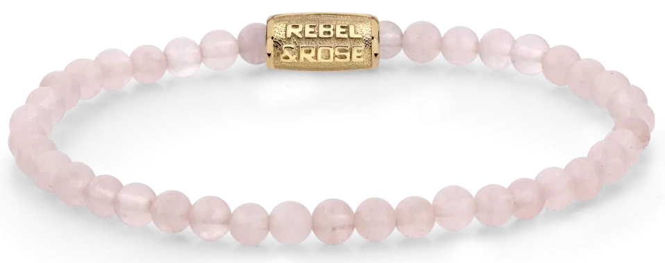 Pulsera de cuarzo rosa con perlas de color rosa claro y cierre de acero inoxidable, con inscripción Rebel&Rose
