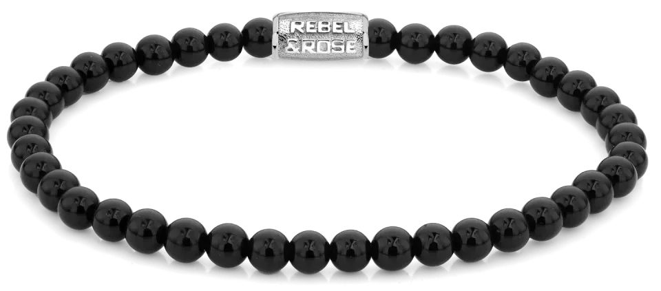 Pulsera de cuentas de ónix negro con cierre de acero inoxidable, inscripción Rebel&Rose