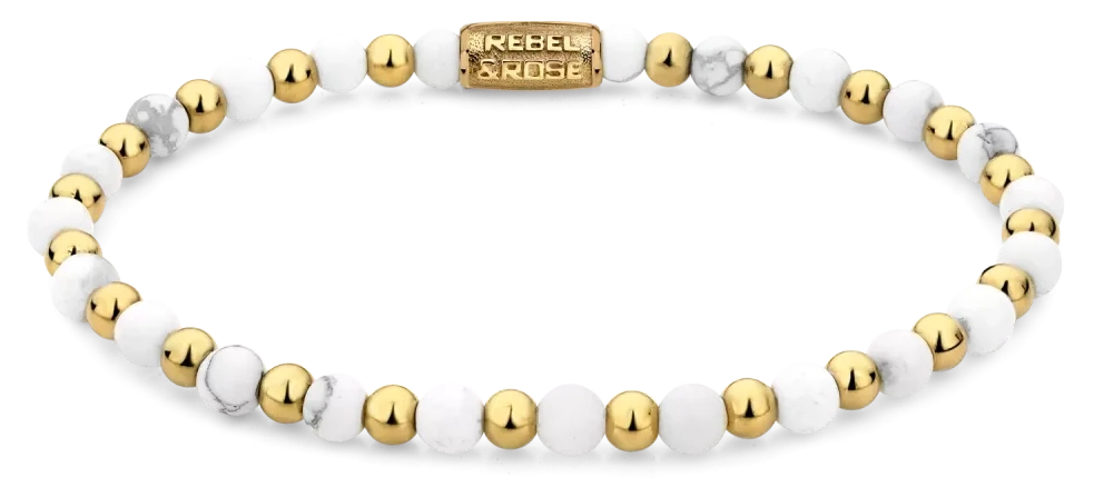 Pulsera de perlas con piedras howlita blancas y cuentas doradas