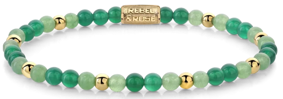 Pulsera de cuentas de piedra semipreciosa verde con espaciadores dorados y charm central