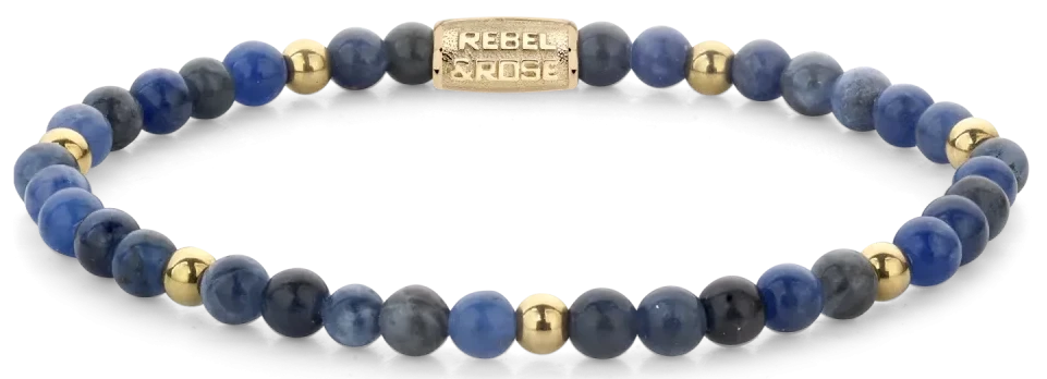 Pulsera con cuentas de sodalita azul y elementos dorados, cierre de acero inoxidable