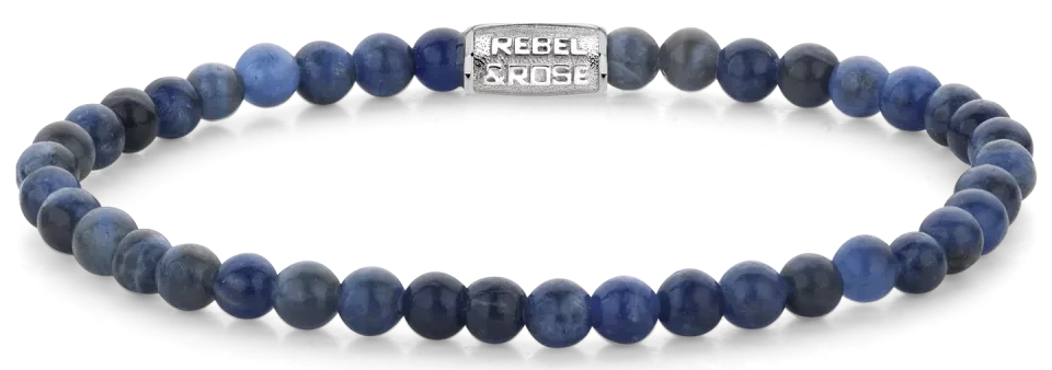 Pulsera de cuentas redondas de sodalita (4 mm) con cierre de acero inoxidable, con estampado azul