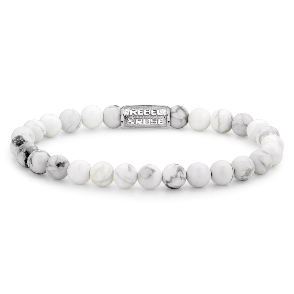 Pulsera de perlas blancas de 6 mm con cierre de acero inoxidable, grabado Rebel&Rose