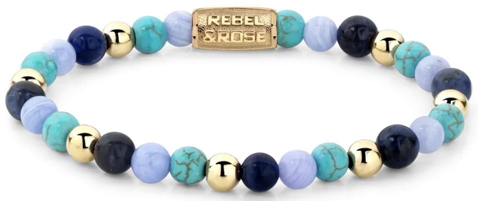Pulsera con piedras de sodalita, turquesa y calcedonia de 6 mm, tapas doradas, Rebel&Rose