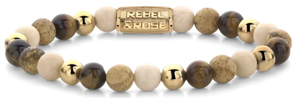 Pulsera Rebel&Rose con cuentas redondas de piedras semipreciosas en amarillo, blanco y marrón oscuro, y cierre de metal