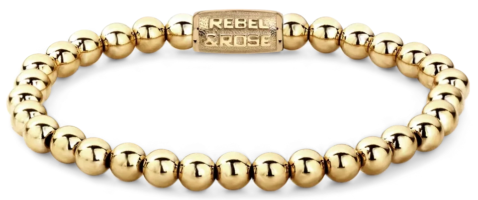 Pulsera con cuentas esféricas de acero inoxidable en tono dorado, chapado en oro de 18k, con cierre