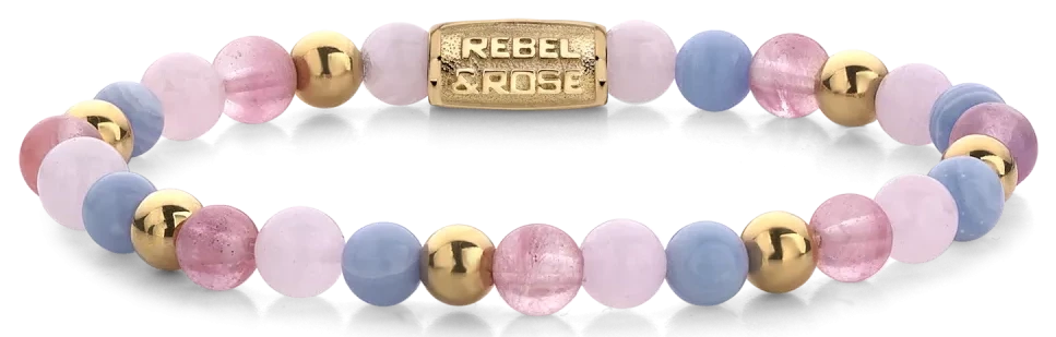 Pulsera con gemas rosas y celestes, detalles y cierre en tono dorado
