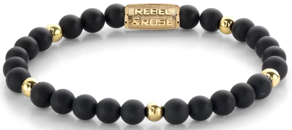 Pulsera con perlas negras (6 mm) y elementos dorados, cierre de acero inoxidable