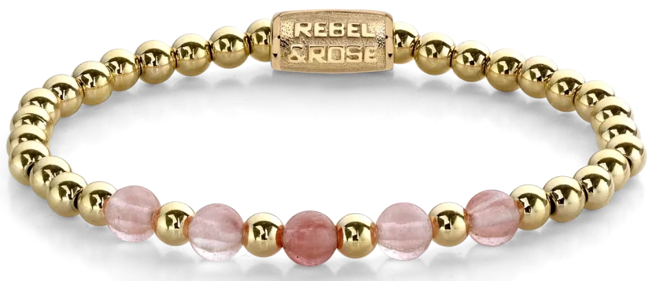 Pulsera con perlas doradas y piedras rosas, cierre de acero inoxidable Rebel&Rose