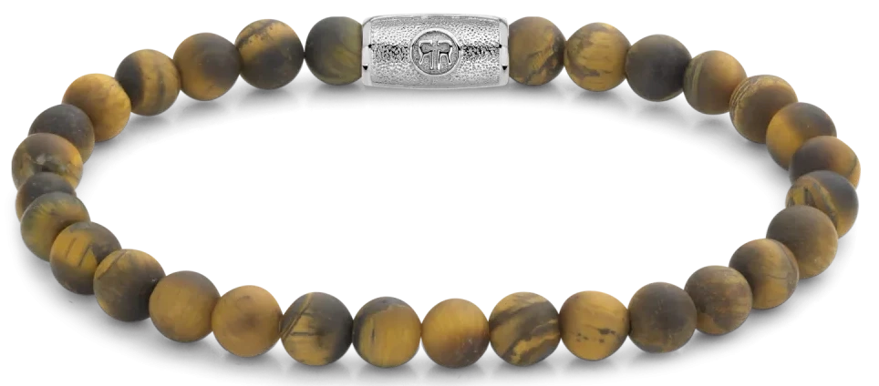 Pulsera de perlas de ojo de tigre de 6 mm con cierre de acero inoxidable, rayas doradas y grises.