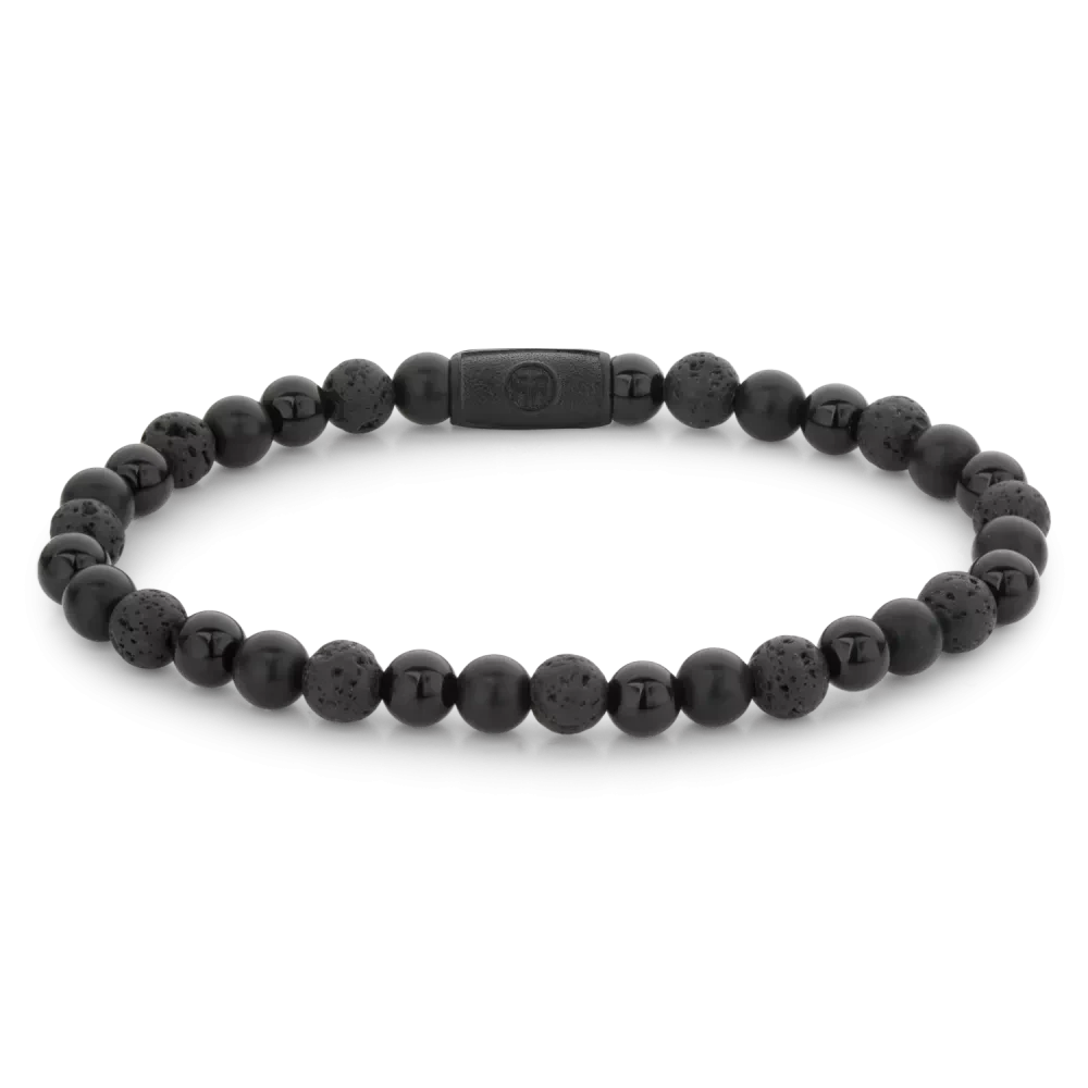 Pulsera con perlas de piedra natural negras de 6 mm y cierre de acero inoxidable negro