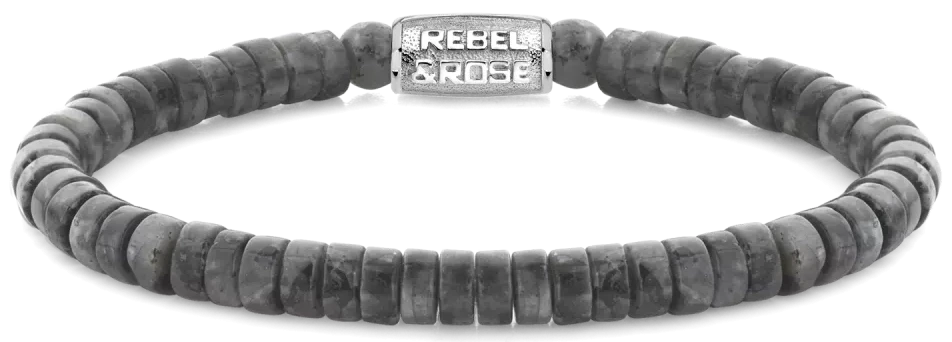 Pulsera de cuentas redondas de piedra natural gris con cierre de acero inoxidable, Rebel&Rose