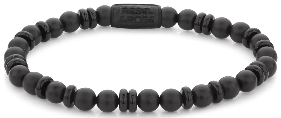 Pulsera de ónix negro con cuentas y discos, cierre de acero inoxidable negro