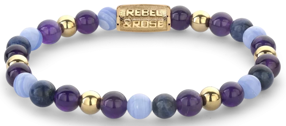 Pulsera de piedras moradas y azul claro con detalles y cierre en tono dorado