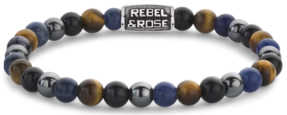 Pulsera con cuentas de sodalita azul, ojo de tigre y hematita gris, cierre de acero inoxidable