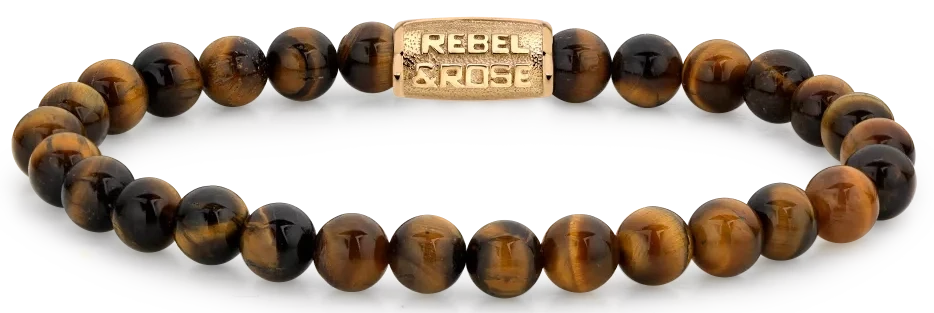 Pulsera con cuentas de piedra natural ojo de tigre y cierre de acero inoxidable en tono dorado