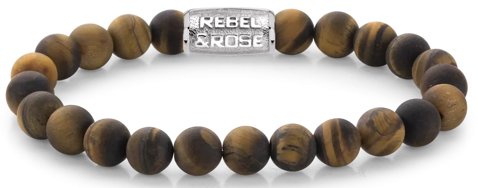 Pulsera con cuentas de ojo de tigre de 8 mm y cierre de acero inoxidable, grabado Rebel&Rose.