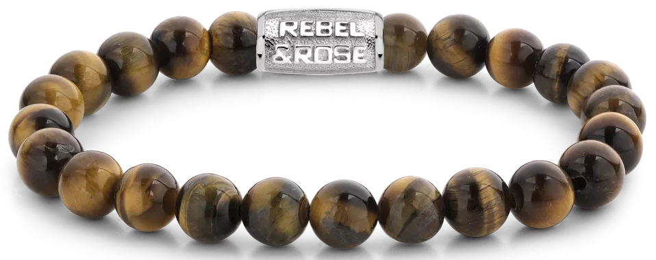Pulsera con grandes cuentas de ojo de tigre y cierre de acero inoxidable, inscripción Rebel&Rose