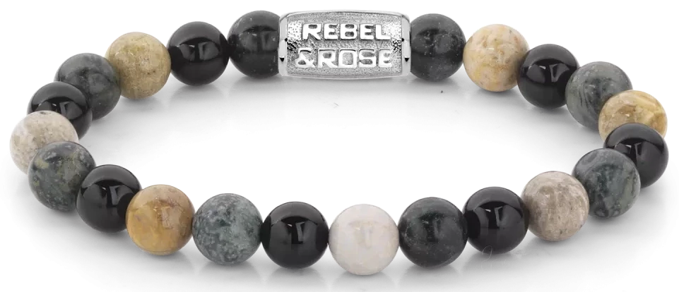 Pulsera con cuentas redondas de piedras semipreciosas y cierre de acero inoxidable, mezcla de piedras oscuras y claras