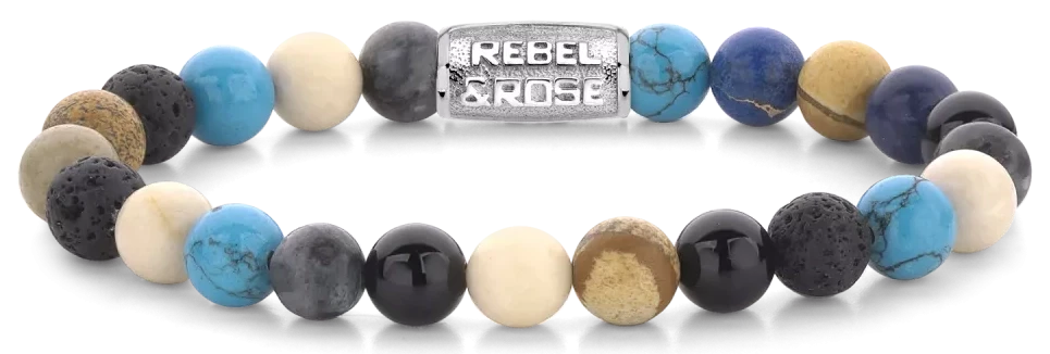 Pulsera con cuentas redondas de piedras semipreciosas en azul, negro y crema; cierre de acero inoxidable