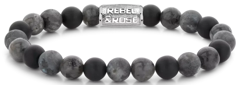 Pulsera con perlas de howlita (8 mm) y cierre de acero inoxidable, con inscripción Rebel&Rose