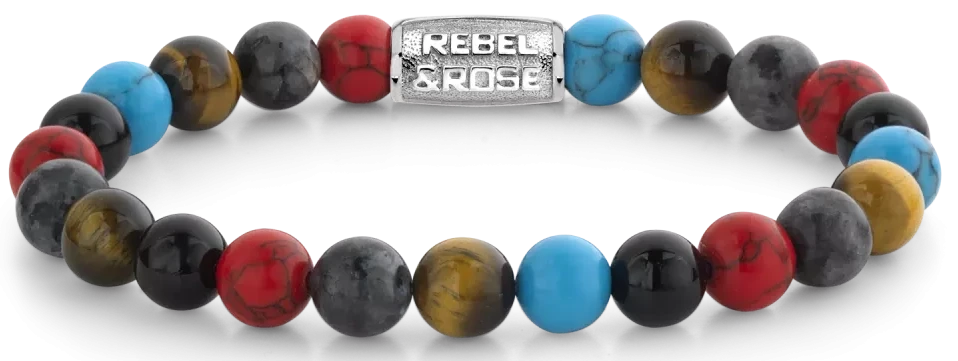 Pulsera con cuentas de piedra natural de colores y cierre de acero inoxidable, logo Rebel&Rose en el cierre