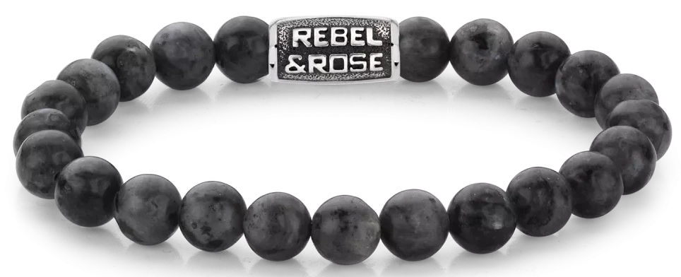 Pulsera de perlas de larvikita negra con cierre de acero negro y lazo Rebel&Rose