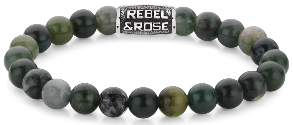 Pulsera con perlas de ónix de musgo de 8 mm y cierre de acero verde oscuro, Rebel&Rose