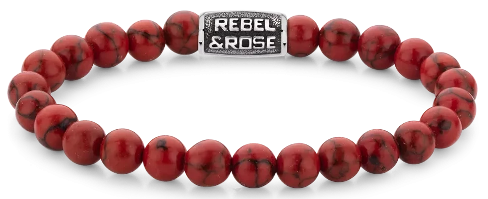 Pulsera con perlas de piedra semipreciosa rojas de 8 mm y cierre de acero inoxidable gris, Rebel&Rose