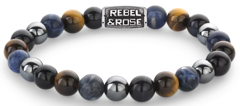 Pulsera con cuentas de piedra azules y doradas y cierre de acero inoxidable gris