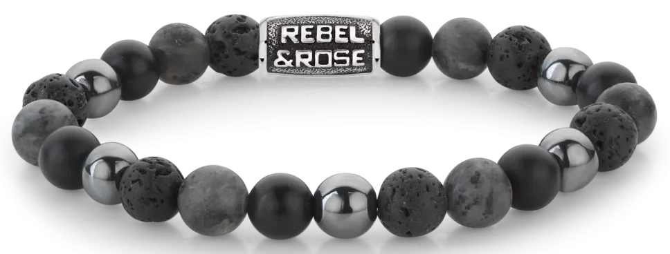 Pulsera con cuentas de piedra oscura y cierre de acero inoxidable gris, cuentas redondas