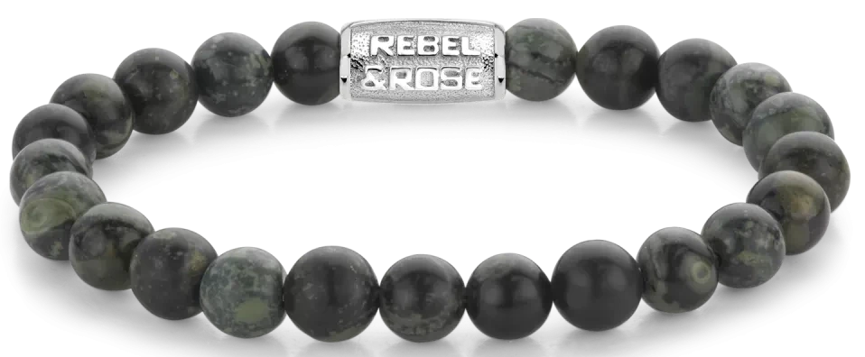 Pulsera de perlas de riolita oscura (8 mm) con cierre de metal Rebel&Rose