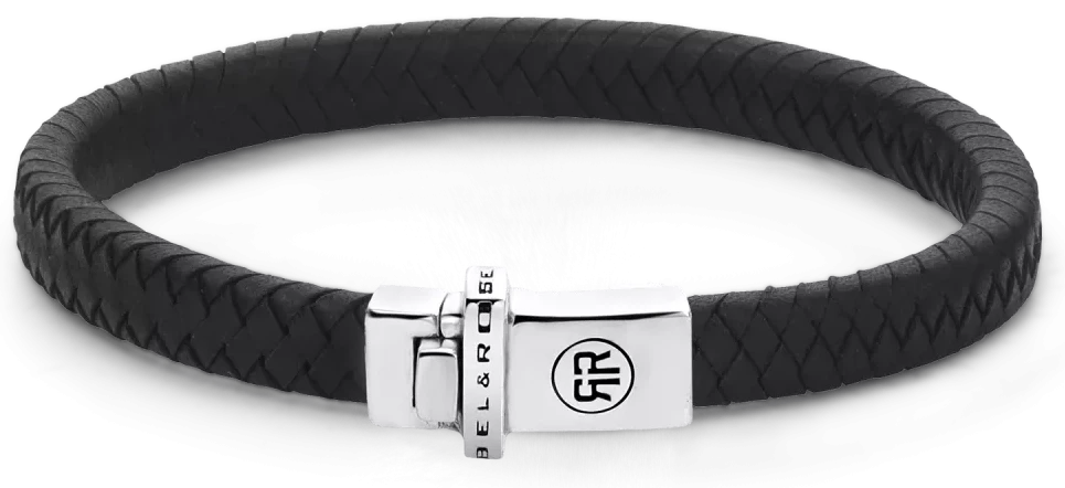 Pulsera de cuero negro con cierre plateado, grabado Rebel&Rose