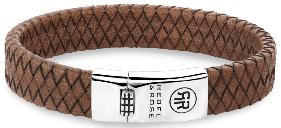 Pulsera de cuero marrón trenzado con cierre plateado y grabado