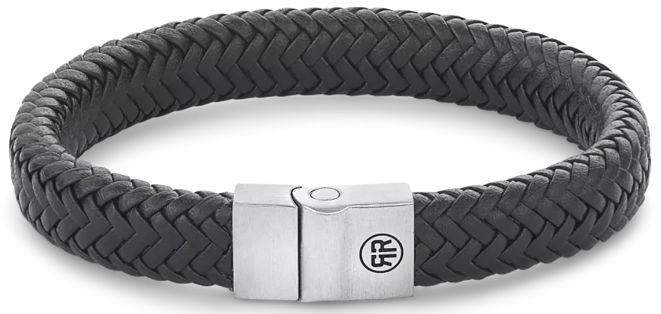 Pulsera de cuero oscuro trenzado con cierre de acero inoxidable y logo