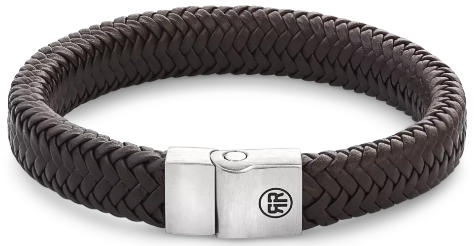 Pulsera de cuero trenzado, marrón oscuro, con cierre de acero inoxidable